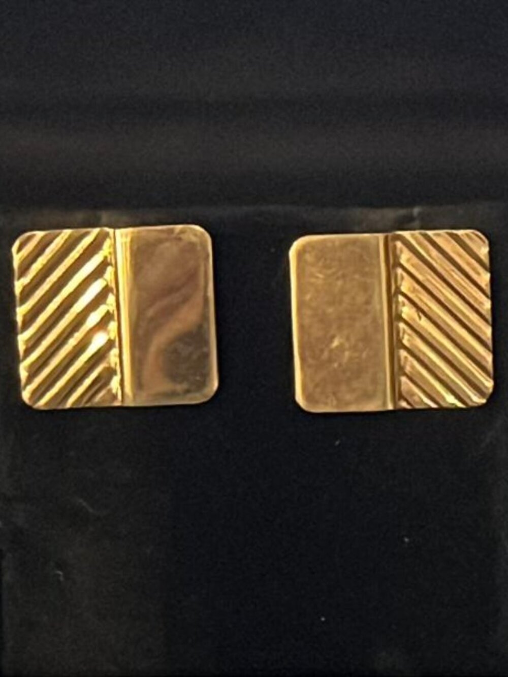 Gold Tone Square, Half Diagonal Stripe Earrings